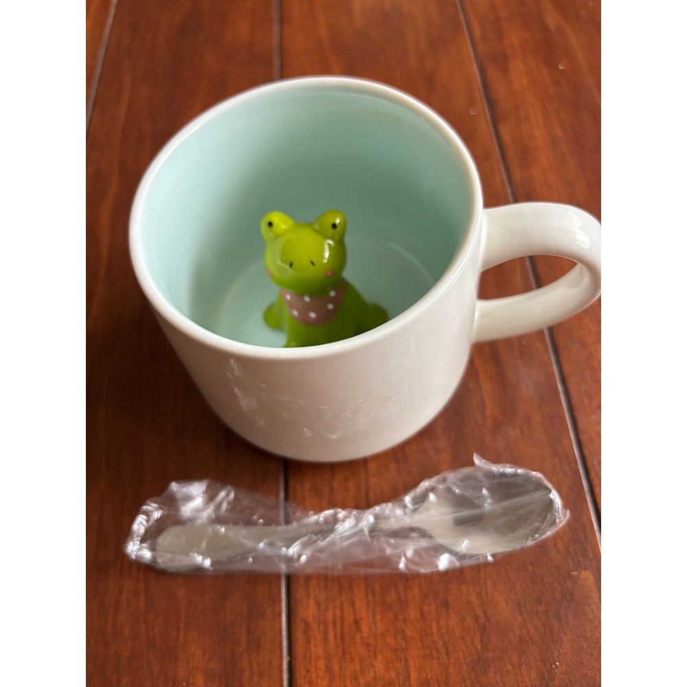 Hidden 3D Frog Ceramic Coffee Tea Mug with Spoon Set Mint Green Surprise Cup